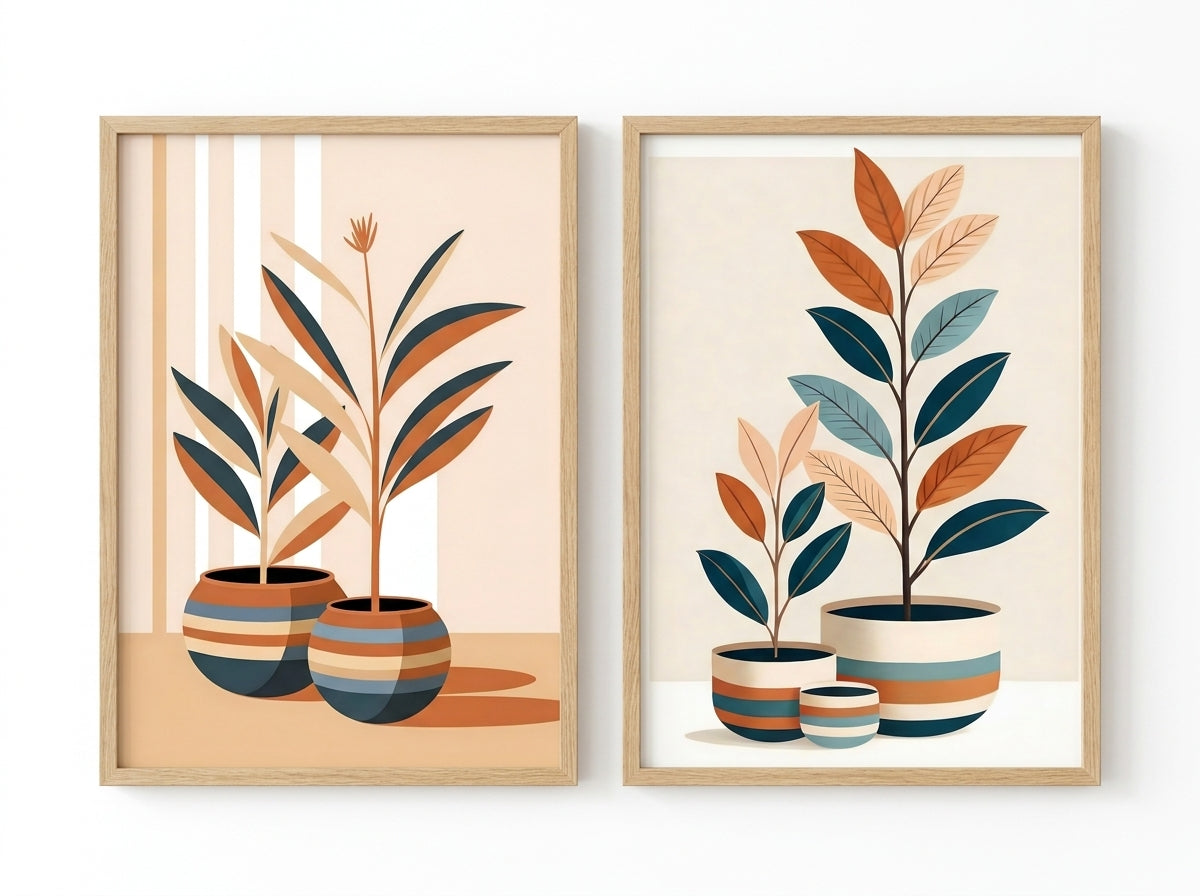 Navy and ochre mid-century botanical prints in oak frames on a clean cream product background.
