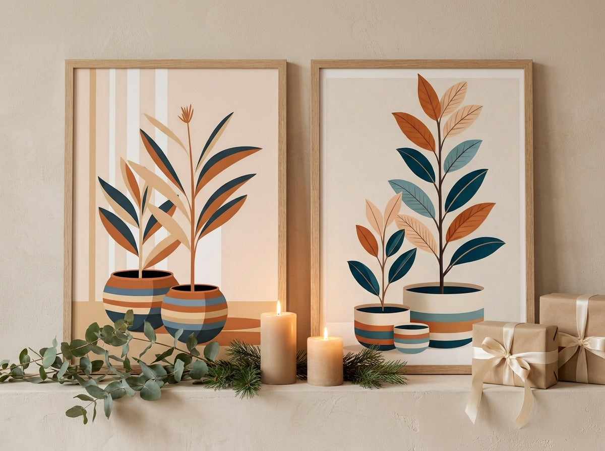 Oak-framed botanical wall art set of 2 styled on a festive holiday mantel with candles.