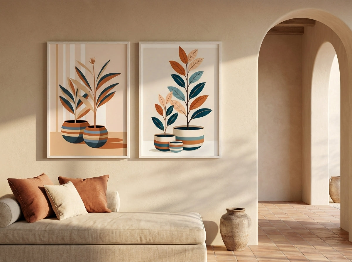 Botanical print pair in oak frames in a luxury villa with an arched doorway.