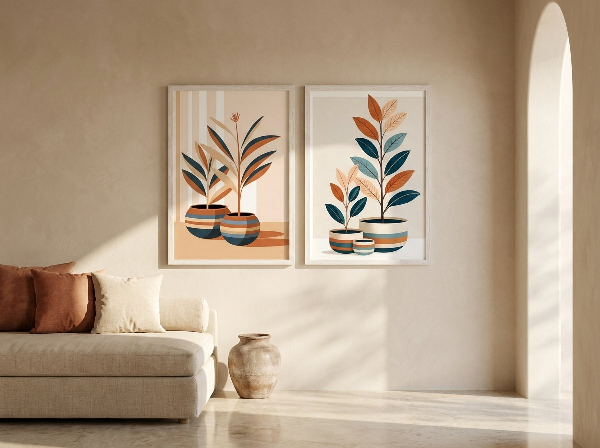 Navy and ochre botanical prints in oak frames in a Mediterranean luxury villa interior.