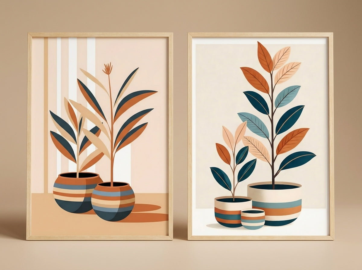 Mid-century botanical prints in oak frames on a minimal studio sand-colored background.