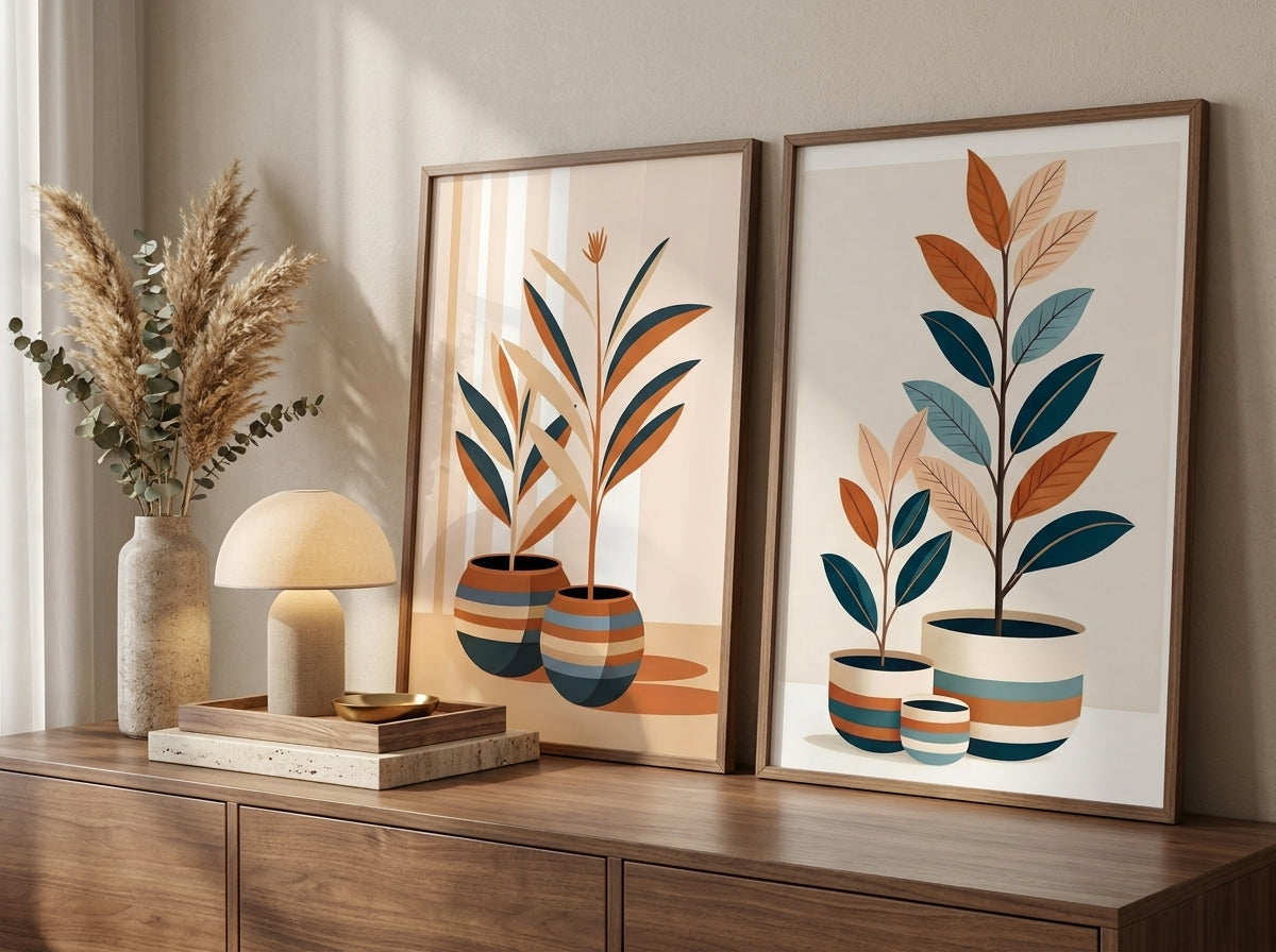 Oak-framed botanical wall art set of 2 styled on a modern bedroom dresser vignette.
