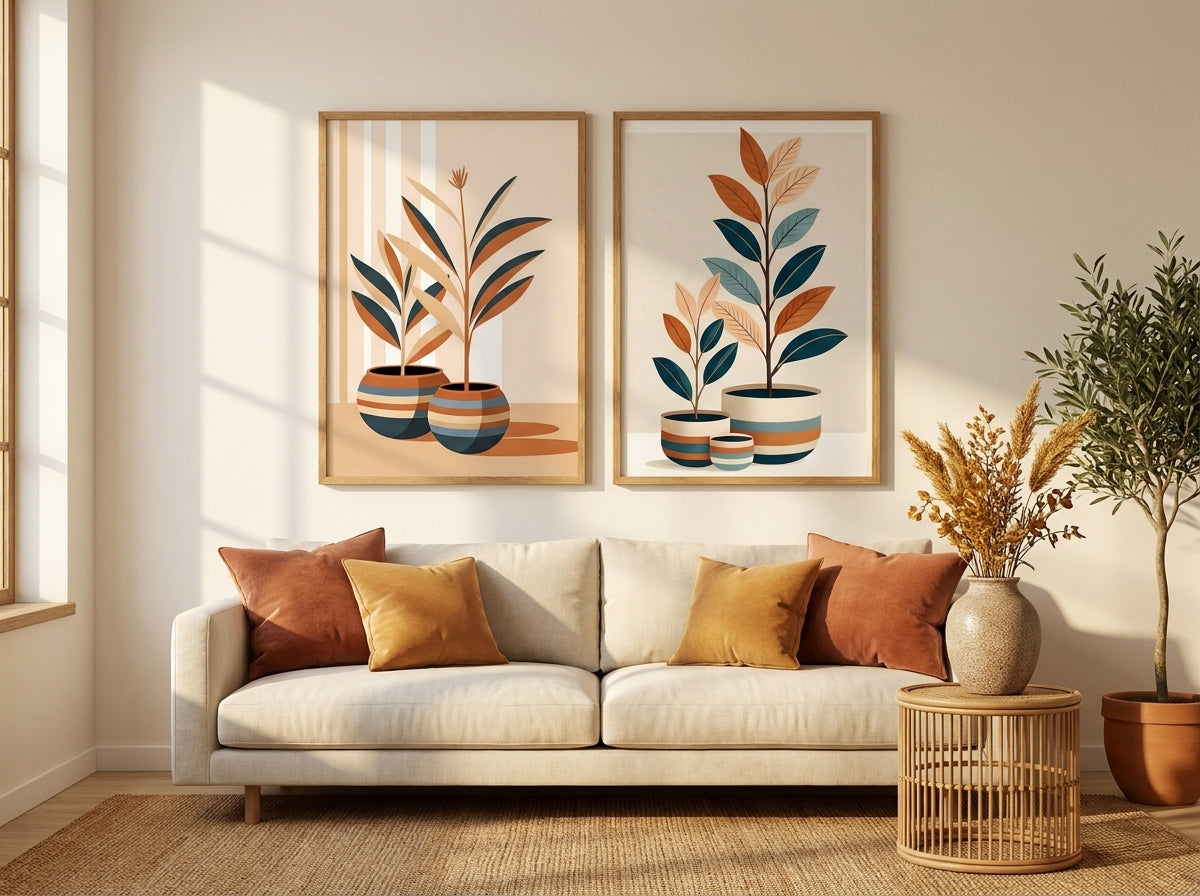 Navy and ochre botanical prints in oak frames in an organic modern living room.