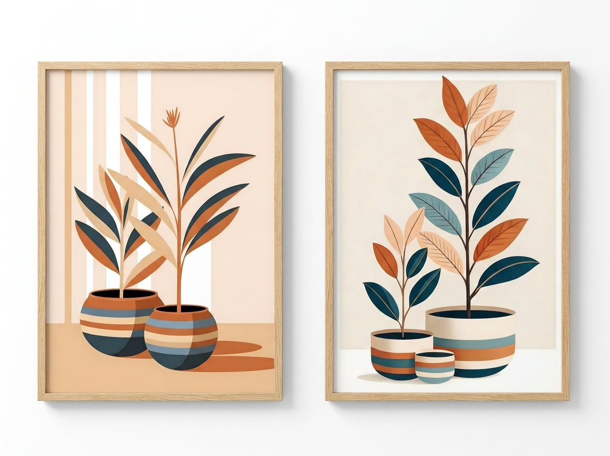 Botanical wall art set of 2 in oak frames on a pure white e-commerce background.