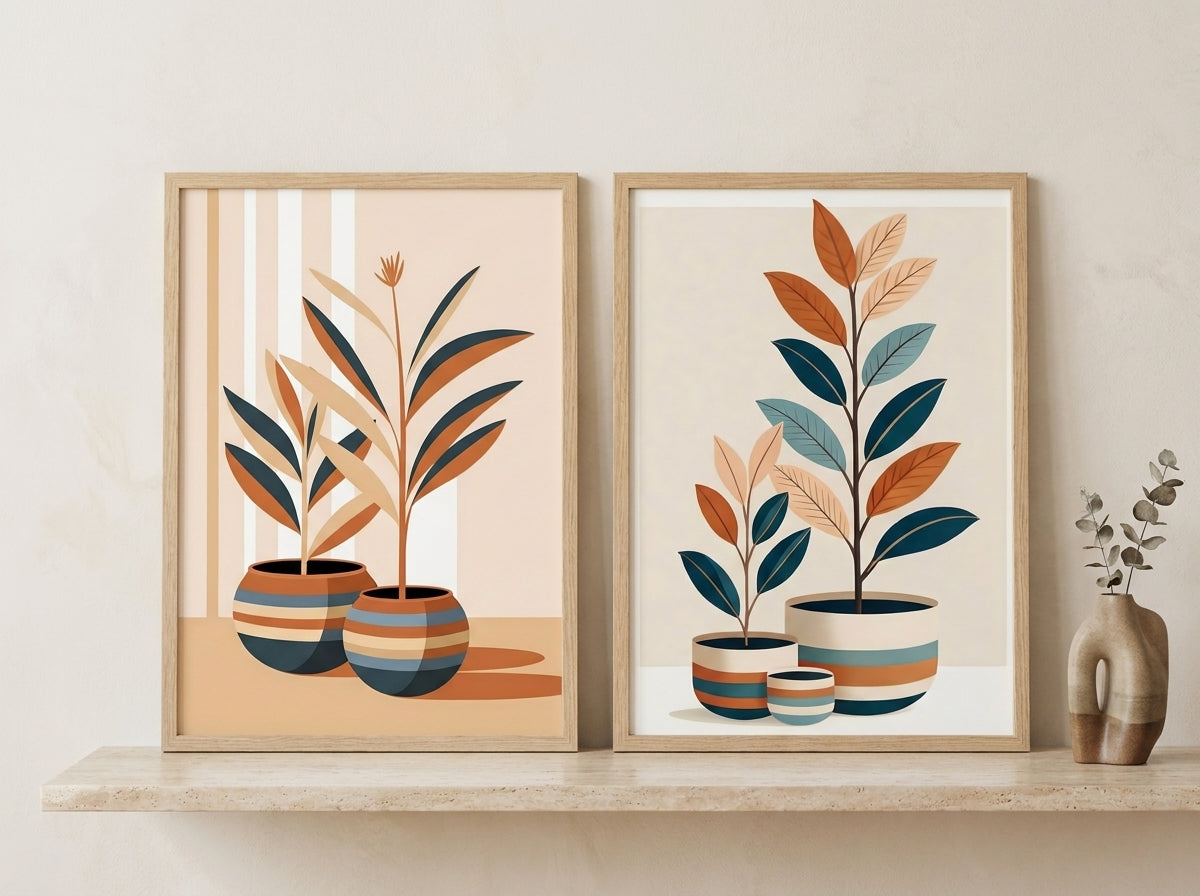Oak-framed mid-century botanical prints displayed on a travertine shelf.