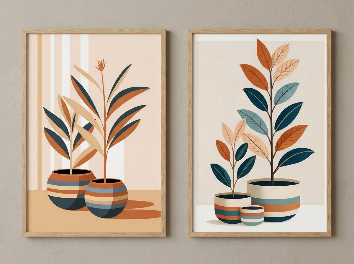 Navy and ochre botanical prints in oak frames on a warm neutral background.