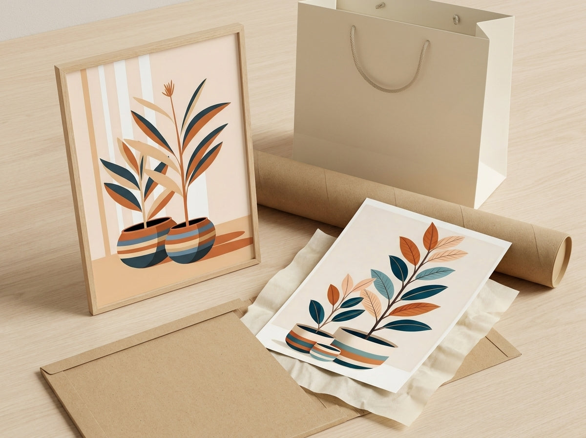 Premium kraft tube packaging and luxury gift bag for the botanical wall art set.