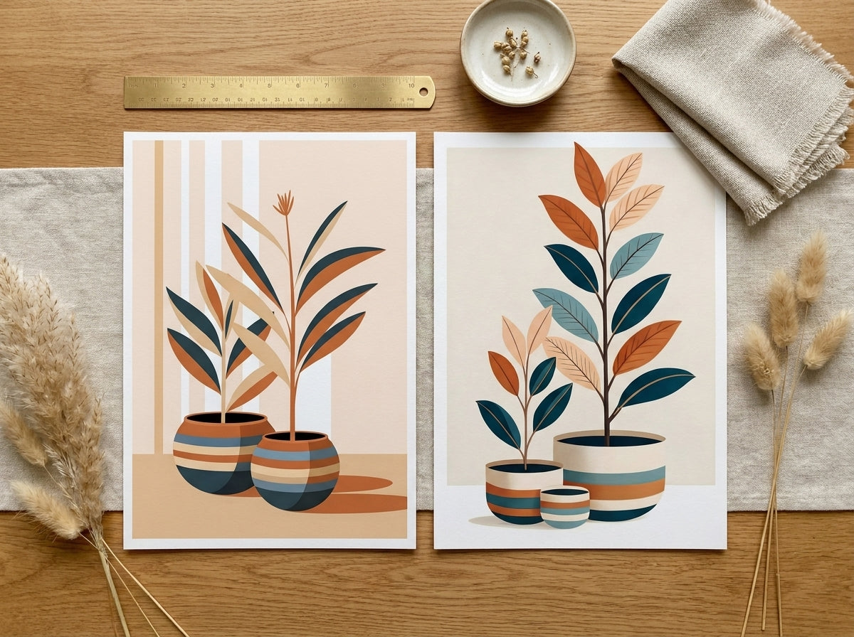 Unframed navy and ochre botanical prints in a flat-lay with pampas grass on an oak surface.