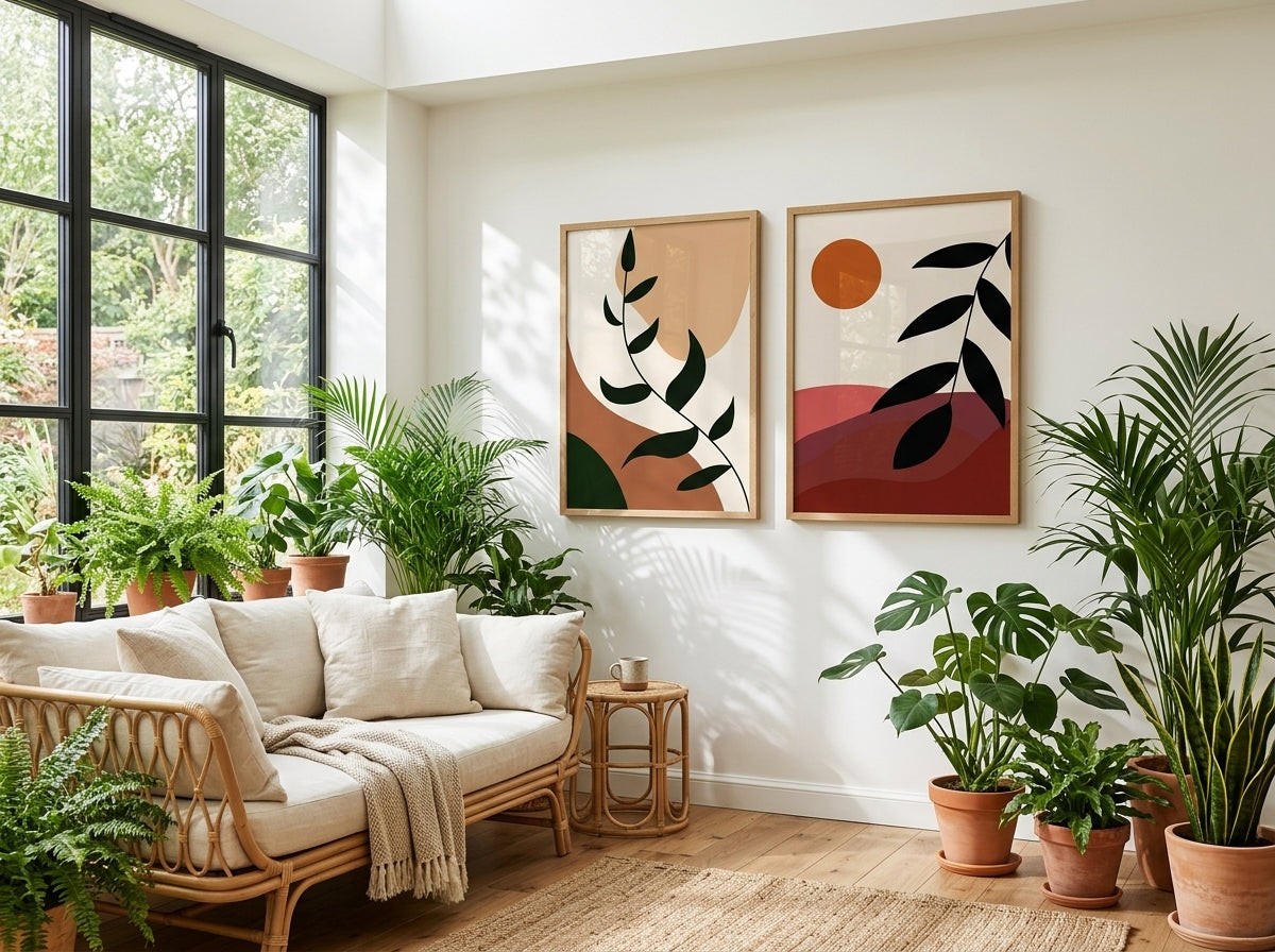 Botanical and abstract sun wall art set of 2 in terracotta and olive green, oak frames, in a bright plant-filled sunroom by VYLOIRE