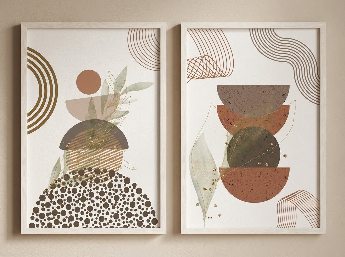 Close-up of the terracotta, sage and gold abstract botanical prints in white frames, showing detail and print quality by VYLOIRE.