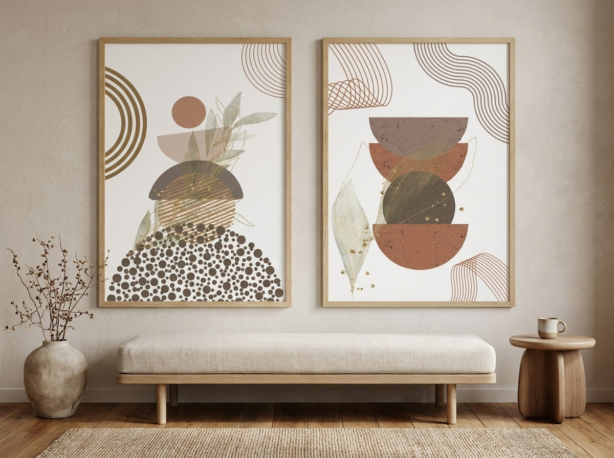 Abstract botanical set of 2 in oak frames above a linen bench in a neutral room, terracotta sage and gold by VYLOIRE.