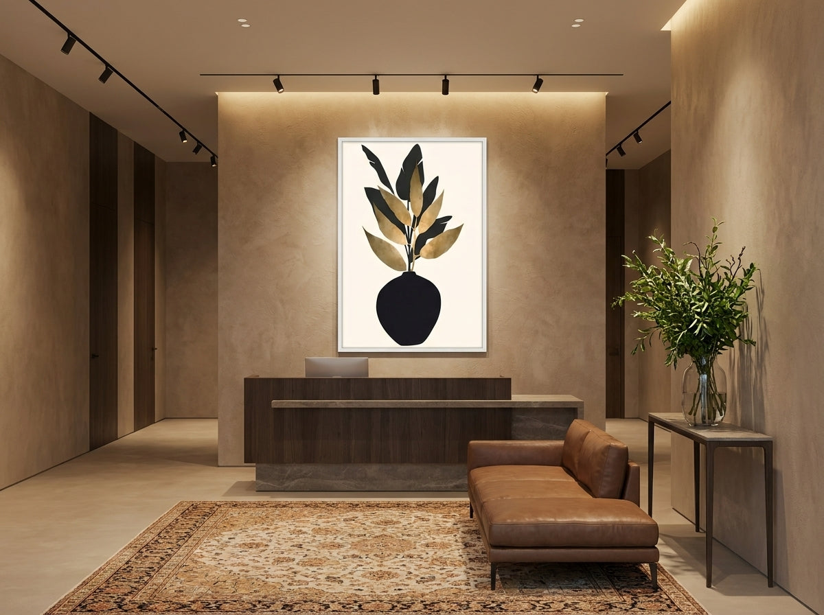 Vyloire Black & Gold Botanical Vase fine art print displayed unframed in a boutique hotel lobby with statement track lighting