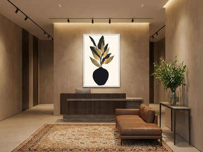 Vyloire Black & Gold Botanical Vase fine art print displayed unframed in a boutique hotel lobby with statement track lighting