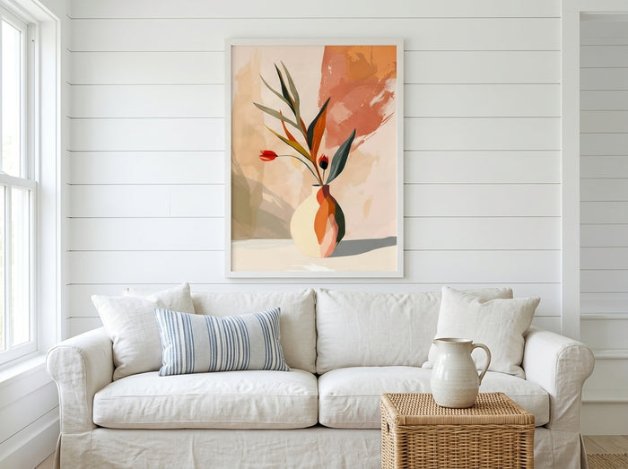Abstract botanical vase wall art print in terracotta and sage green, in white Premium Oak frame, displayed in a bright coastal shiplap living room — Vyloire