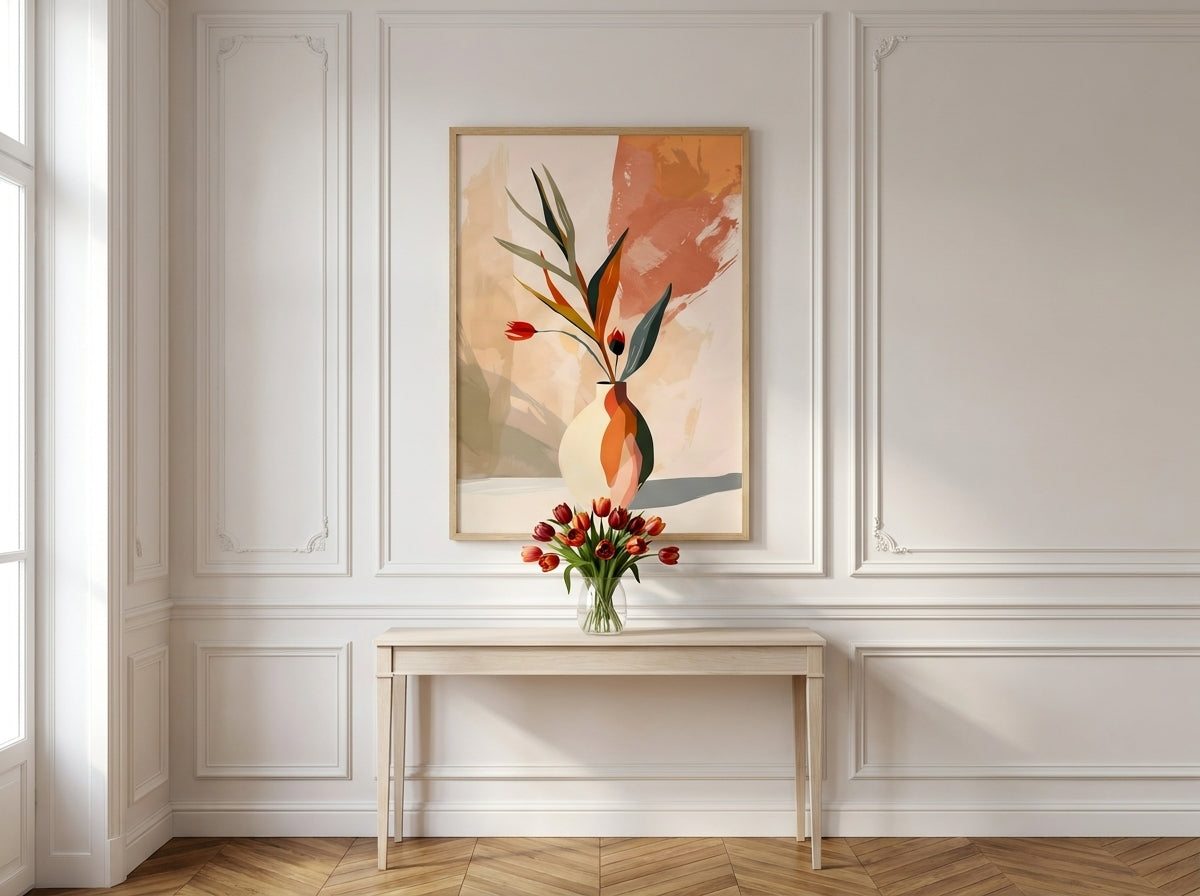 Abstract botanical vase fine art print with terracotta and teal tones, in Natural Oak frame, styled in a classic entryway with ornate molding — Vyloire