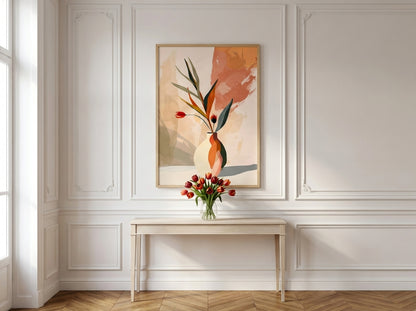Abstract botanical vase fine art print with terracotta and teal tones, in Natural Oak frame, styled in a classic entryway with ornate molding — Vyloire