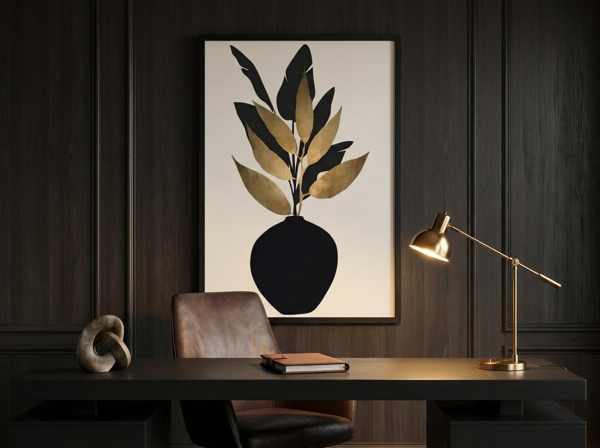 Black and gold botanical vase print in White Premium Oak frame displayed in a dark wood-panelled luxury study — Vyloire