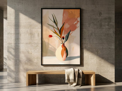 Abstract botanical vase art print in terracotta, sage, and teal, in Black Premium Oak frame against a contemporary concrete feature wall — Vyloire