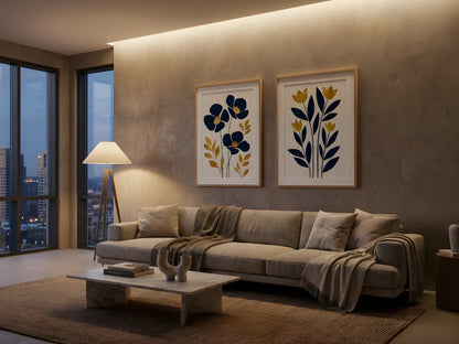 Contemporary navy and mustard botanical print set of 2 above a sectional sofa in a modern apartment living room by VYLOIRE