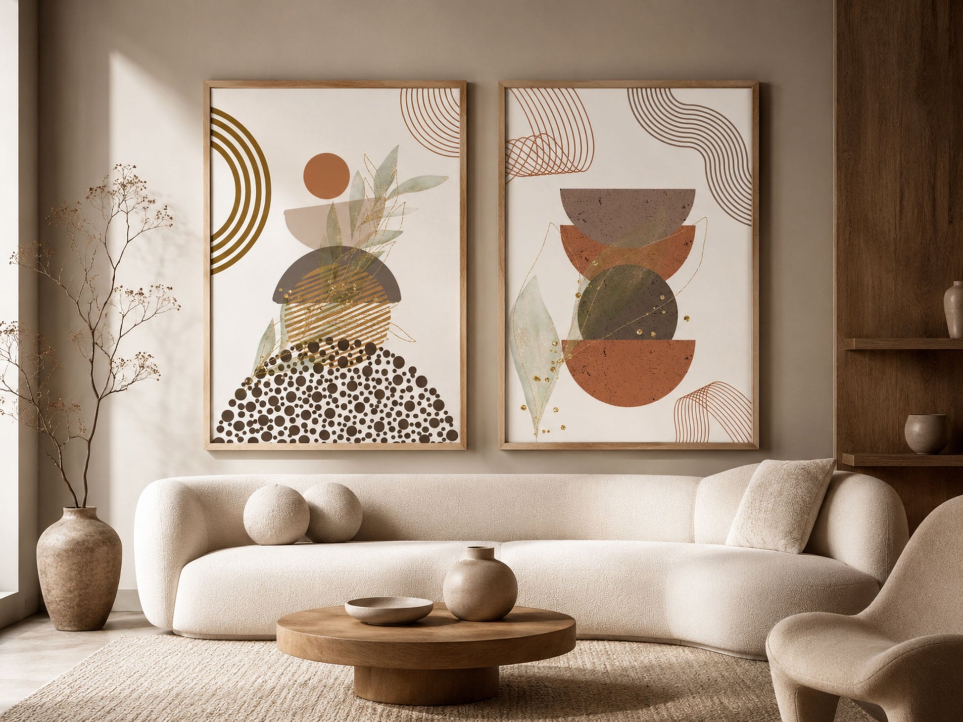 Contemporary abstract botanical set of 2 in oak frames, rust, sage and taupe prints in a warm living room by VYLOIRE.
