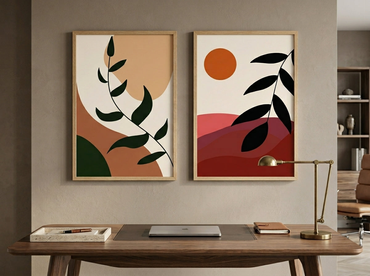 Contemporary boho botanical and abstract sun wall art set of 2 in earth tones, oak frames, above a study desk by VYLOIRE