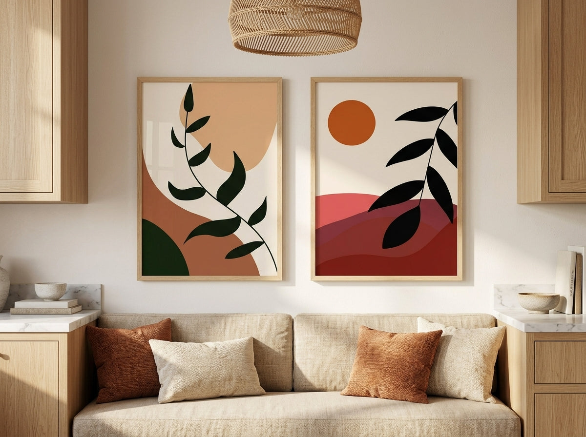 Boho botanical and abstract sun wall art set of 2 in terracotta and olive green, oak frames, in a cozy kitchen nook by VYLOIRE