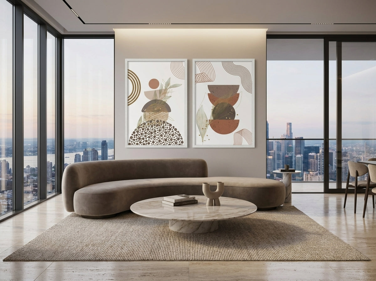 Contemporary abstract botanical set of 2 in white frames in a luxury penthouse with city views, terracotta sage and gold by VYLOIRE.