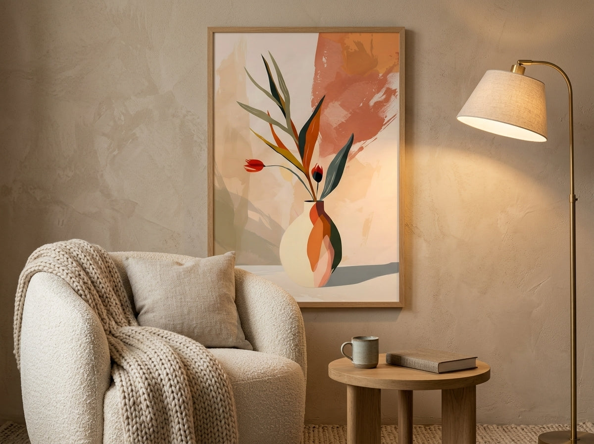 Earthy botanical vase wall art print in terracotta and sage, in Natural Oak frame, hung in a cosy reading nook — Vyloire