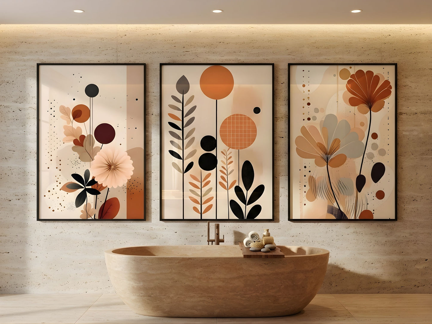 Terracotta abstract botanical wall art set of 3 in black frames styling a luxury stone spa bathroom by VYLOIRE