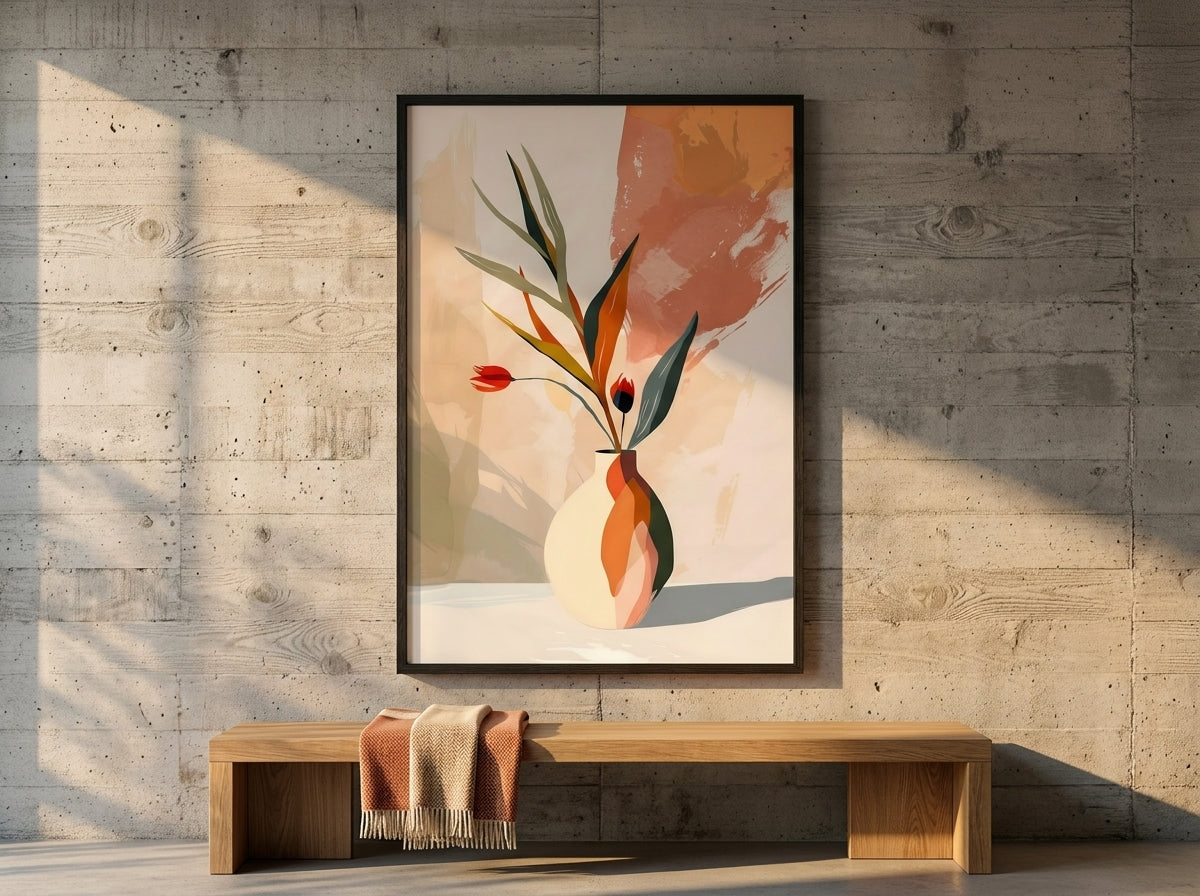 Abstract botanical vase art print in earthy terracotta and teal, Black Premium Oak frame, in an industrial concrete loft interior — Vyloire
