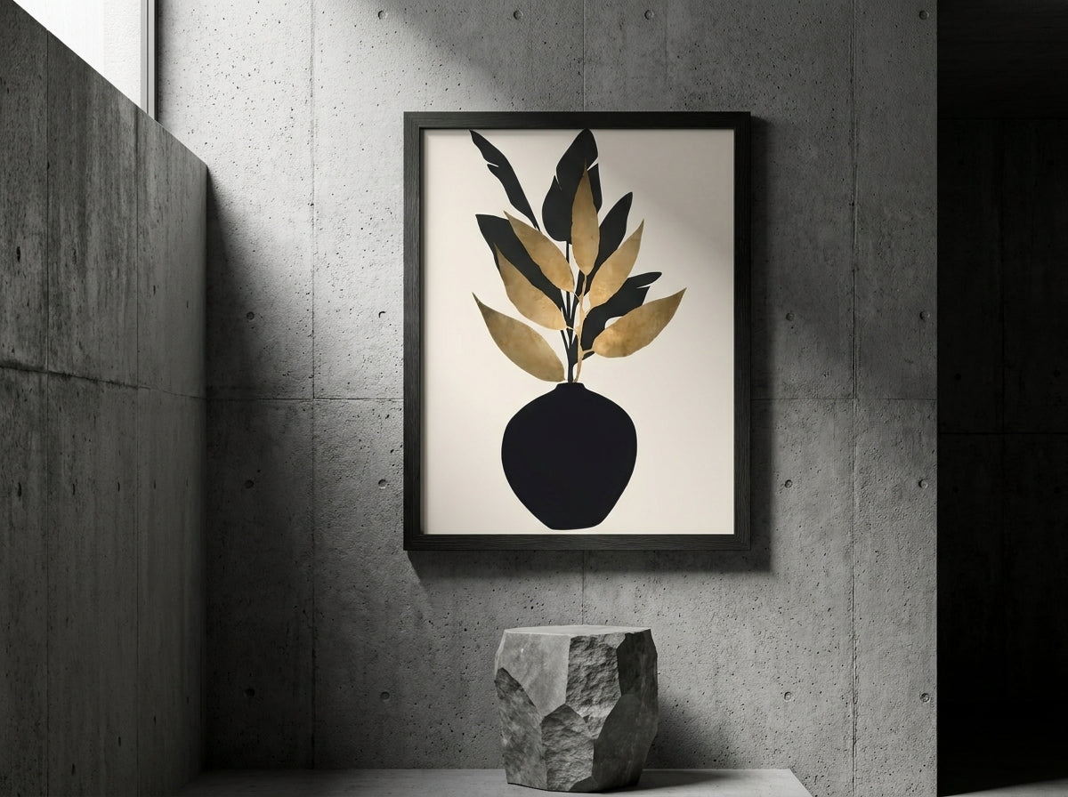 Vyloire botanical vase wall art print in Black Premium Oak frame against a raw concrete wall with stone pedestal — editorial Japandi interior