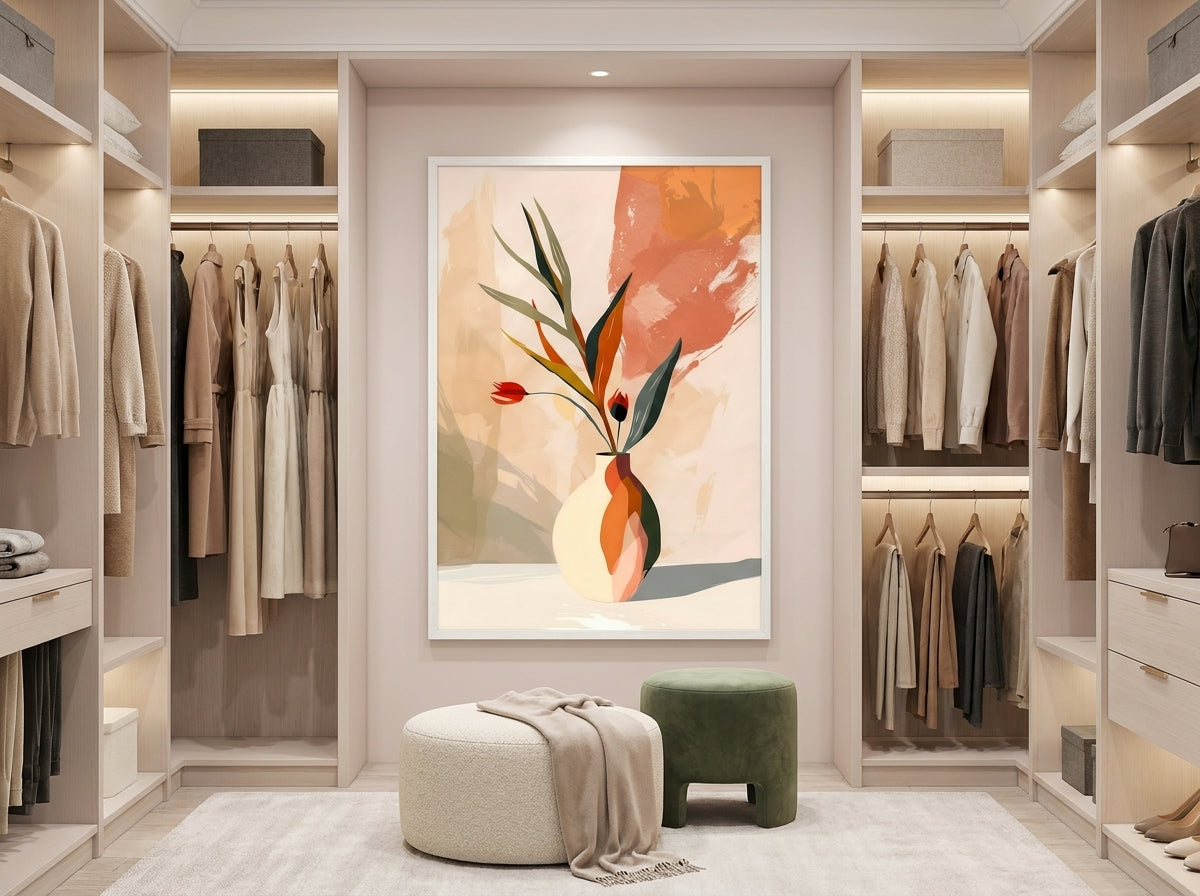 Elegant abstract botanical vase wall art print in terracotta and sage green, in white Premium Oak frame, displayed in a luxury dressing room — Vyloire
