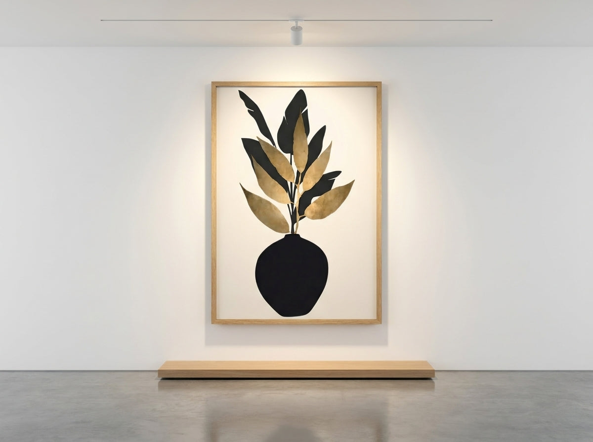 Black and gold botanical fine art print in Natural Premium Oak frame displayed on a white gallery wall with classic picture rail — Vyloire