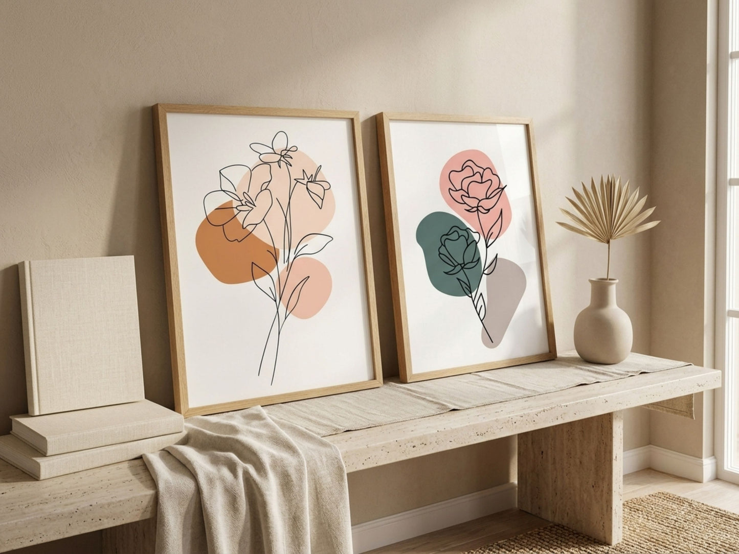 Framed botanical line-art set of 2 in terracotta and sage, oak frames, leaning on a travertine entryway bench by VYLOIRE