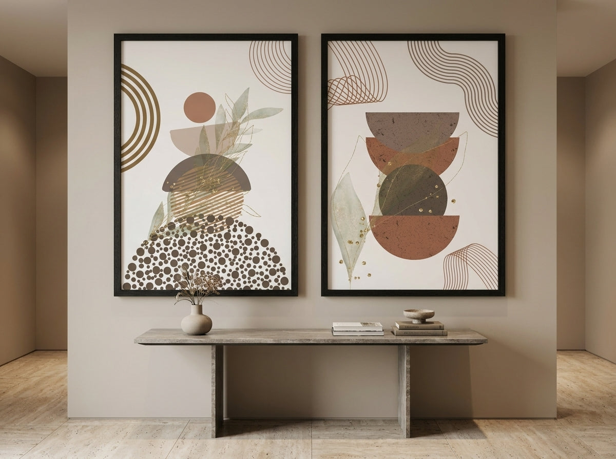 Set of 2 terracotta, sage and gold abstract botanical prints in black frames above a stone console table in a neutral entryway by VYLOIRE.