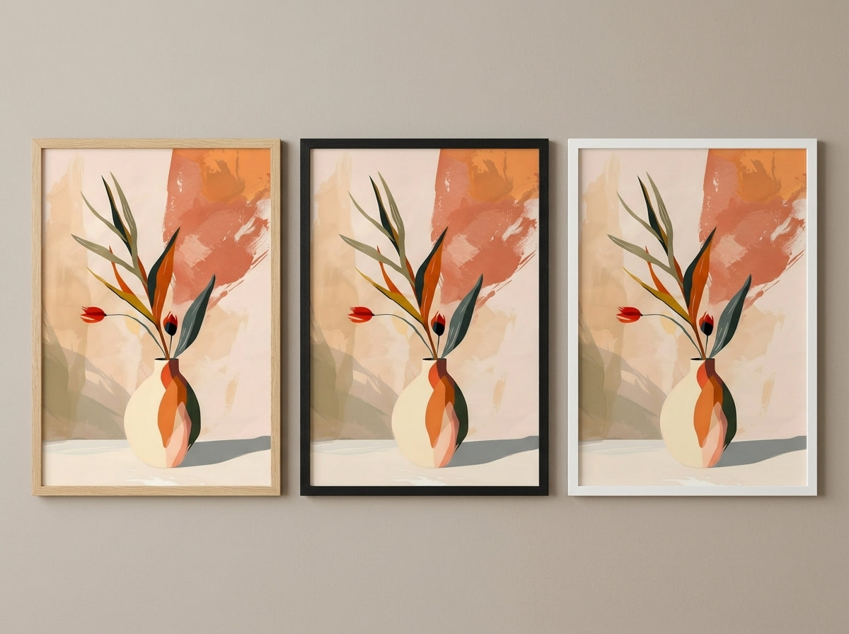 Vyloire abstract botanical vase wall art print shown in Natural Oak, Black Premium Oak, and White Premium Oak frame options side by side — framing comparison