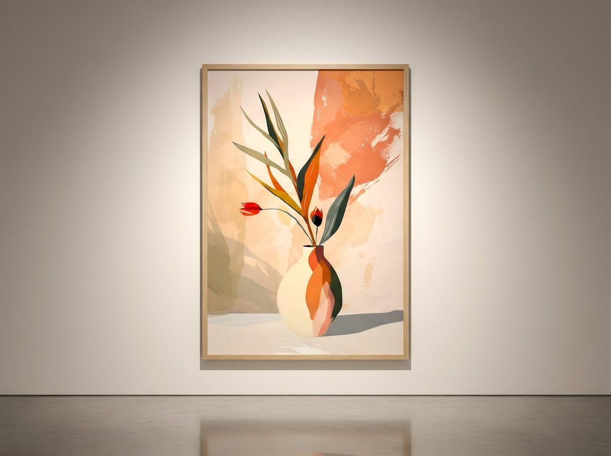Abstract botanical vase art print in terracotta and teal, Natural Oak frame, as part of a curated white gallery wall — Vyloire