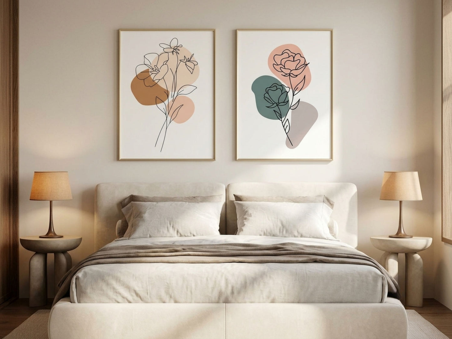 Japandi botanical line-art set of 2 in terracotta, sage and blush, oak frames, above a bed in a cozy neutral bedroom by VYLOIRE
