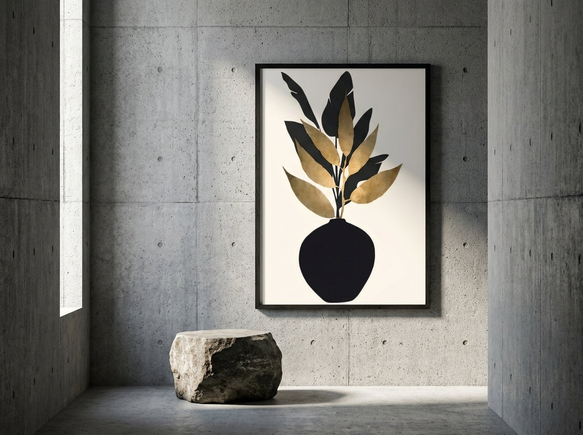 Vyloire Black & Gold Botanical Vase print in Black Premium Oak frame displayed in a Japandi concrete niche with natural stone boulder
