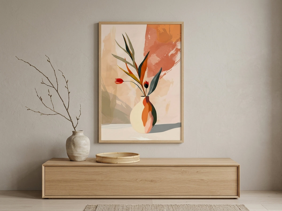 Abstract botanical vase fine art print in terracotta and sage, Natural Oak frame, above an entryway console in a Japandi-styled home — Vyloire