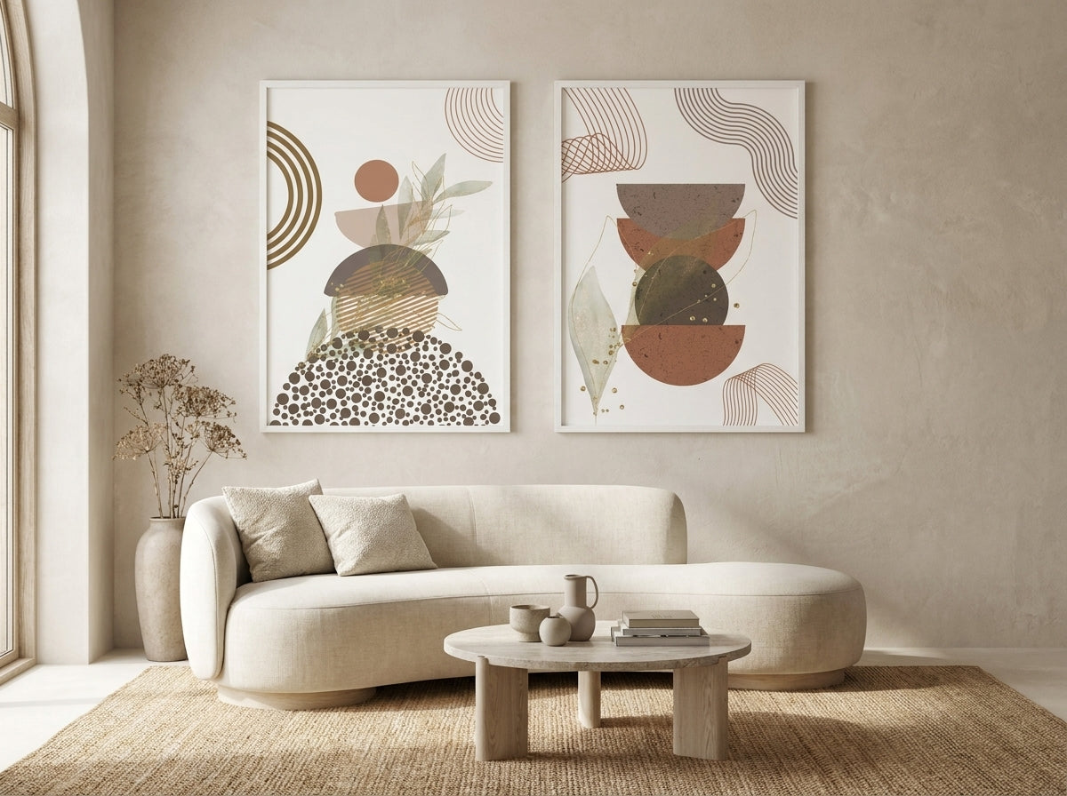 Japandi abstract botanical set of 2 in white frames, terracotta, sage and taupe prints in a calm beige living room by VYLOIRE.