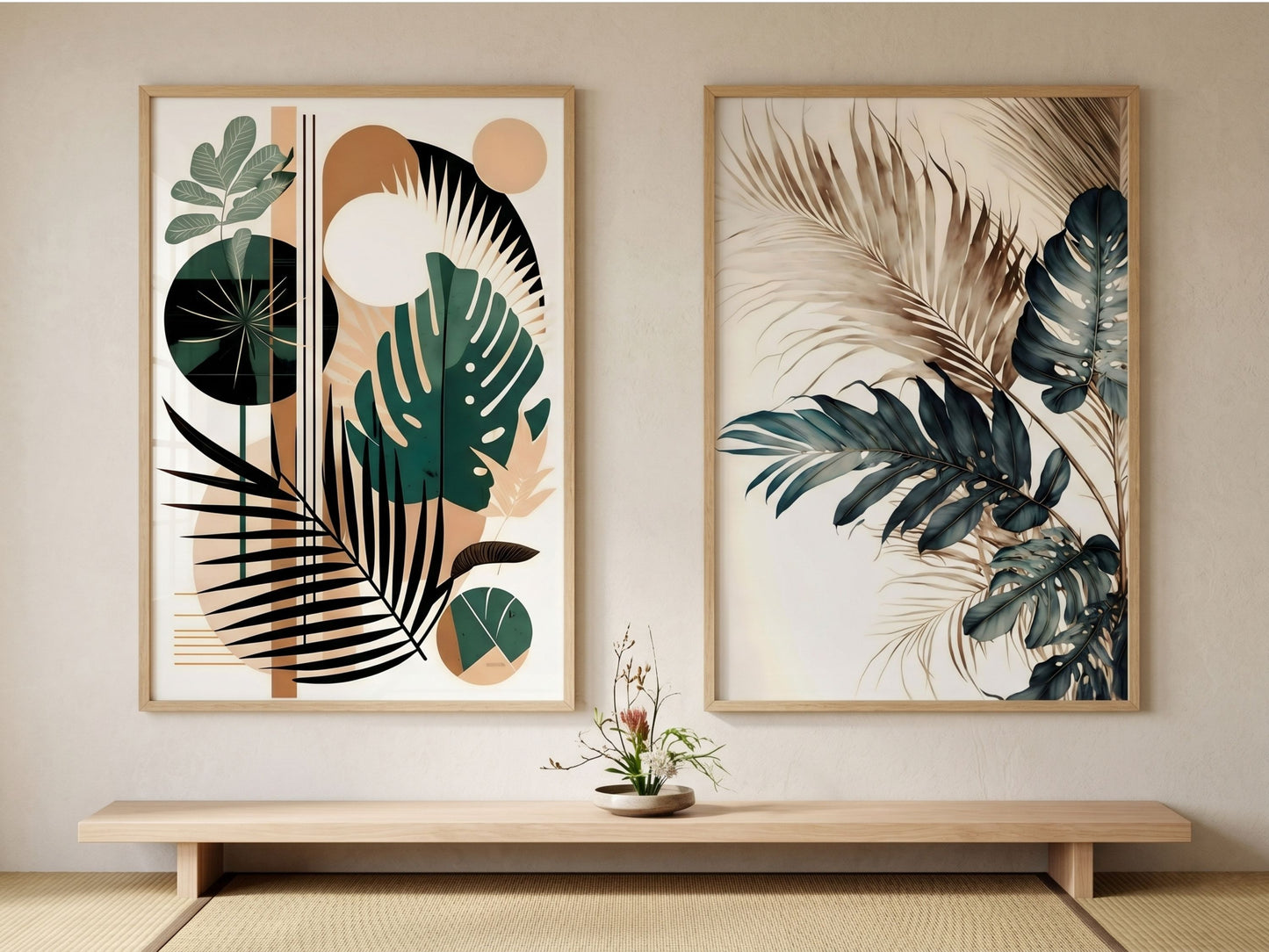 Japandi botanical and watercolor tropical leaf wall art set of 2 in emerald, teal and terracotta, oak frames, in a calm living room by VYLOIRE