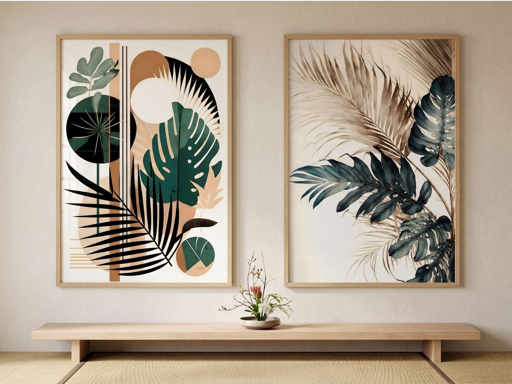 Japandi botanical and watercolor tropical leaf wall art set of 2 in emerald, teal and terracotta, oak frames, in a calm living room by VYLOIRE