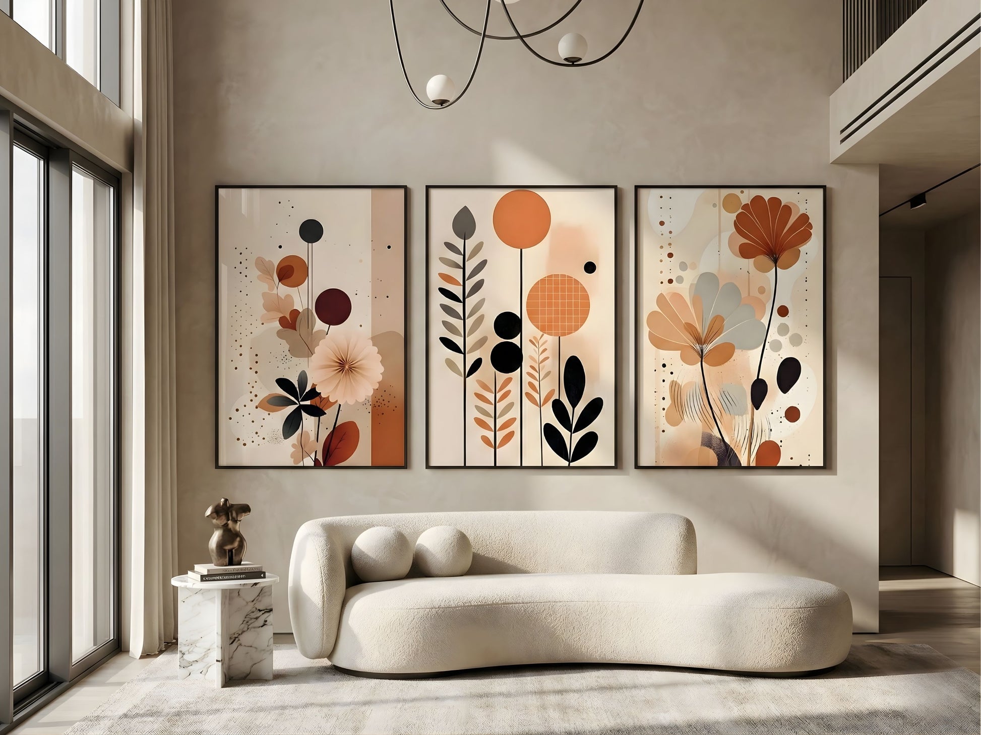 Luxury terracotta and charcoal abstract botanical set of 3 in black frames in a double-height loft living room by VYLOIRE