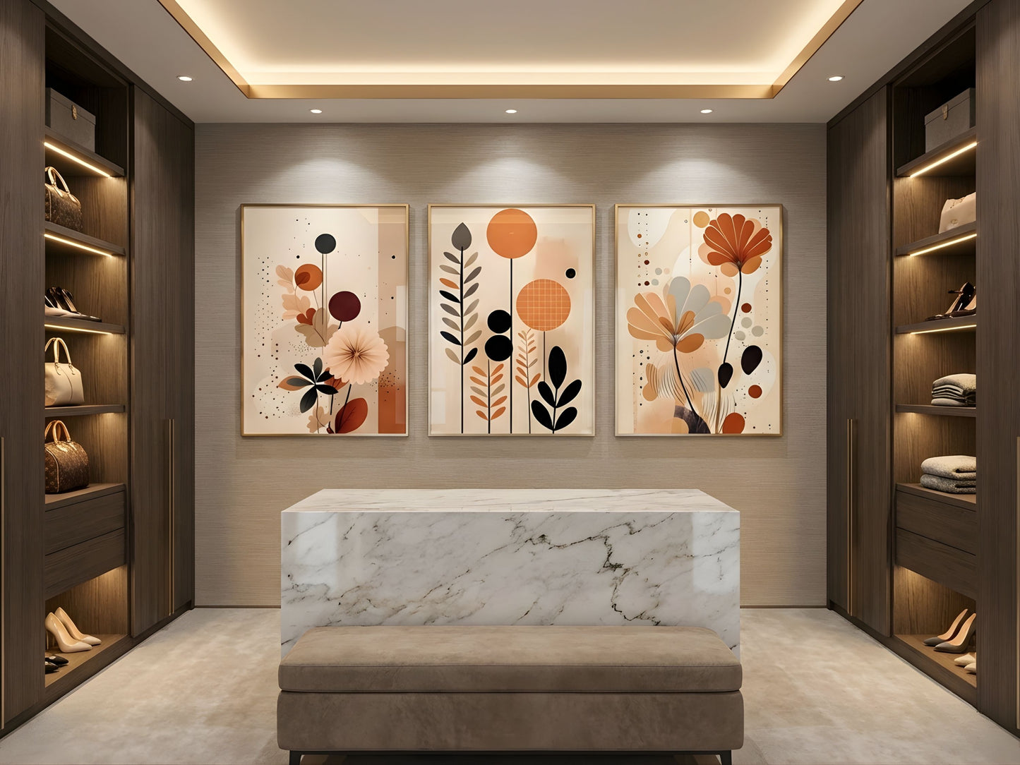 Luxury abstract botanical wall art set of 3 in oak frames displayed in a refined walk-in closet dressing room by VYLOIRE