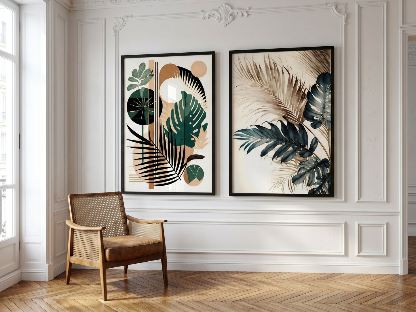 Luxury abstract botanical and watercolor wall art set of 2 in emerald and teal, black frames, in a classic Parisian living room by VYLOIRE