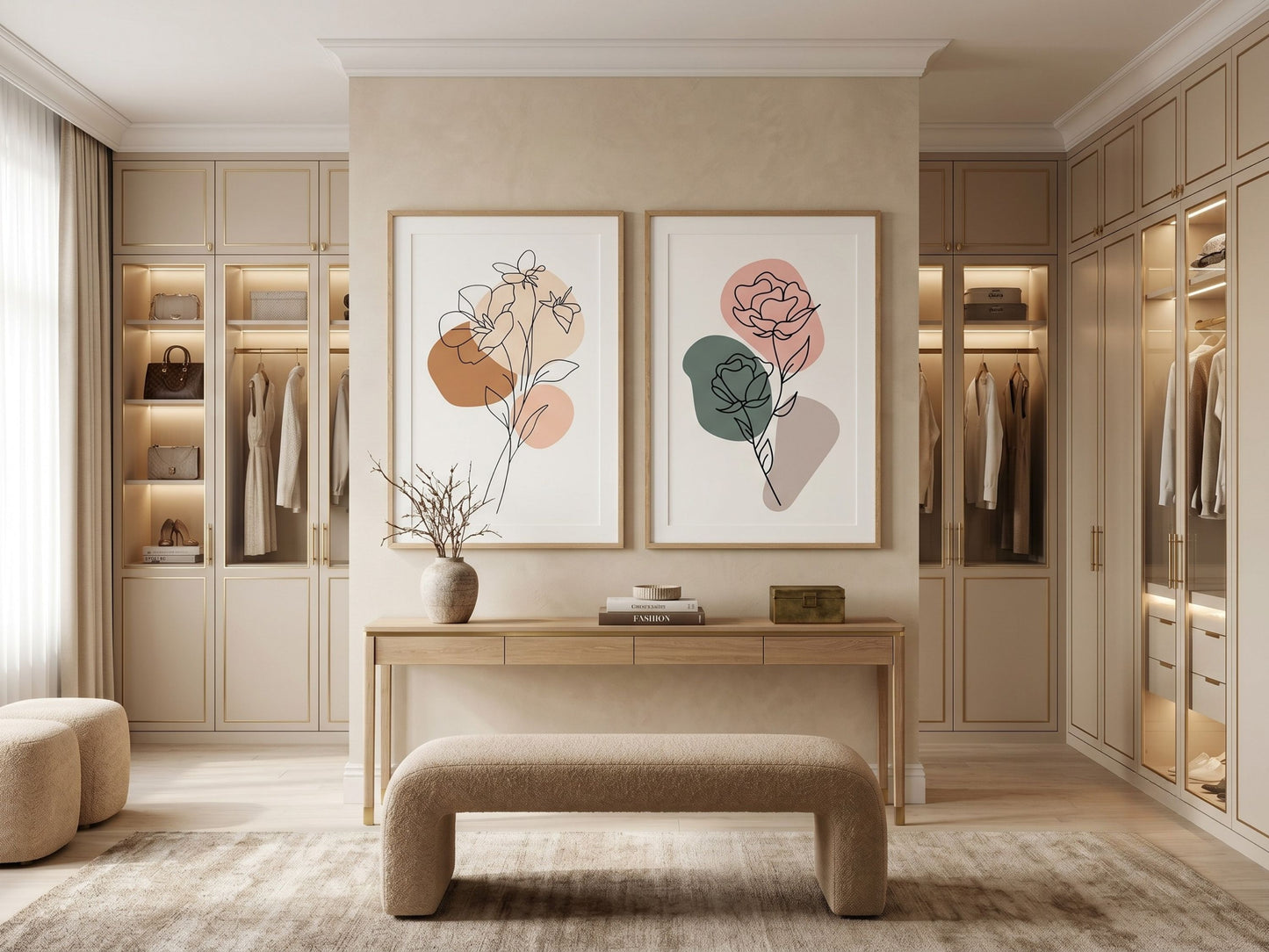 Luxury botanical line-art set of 2 in terracotta and sage, oak frames, displayed in a refined walk-in closet dressing room by VYLOIRE