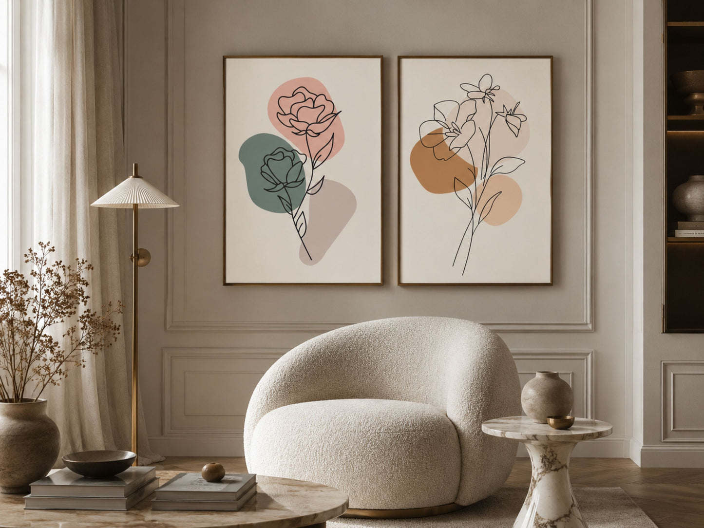 Luxury botanical line-art wall art set of 2 in terracotta, sage and blush, oak frames, in a classic Parisian living room by VYLOIRE