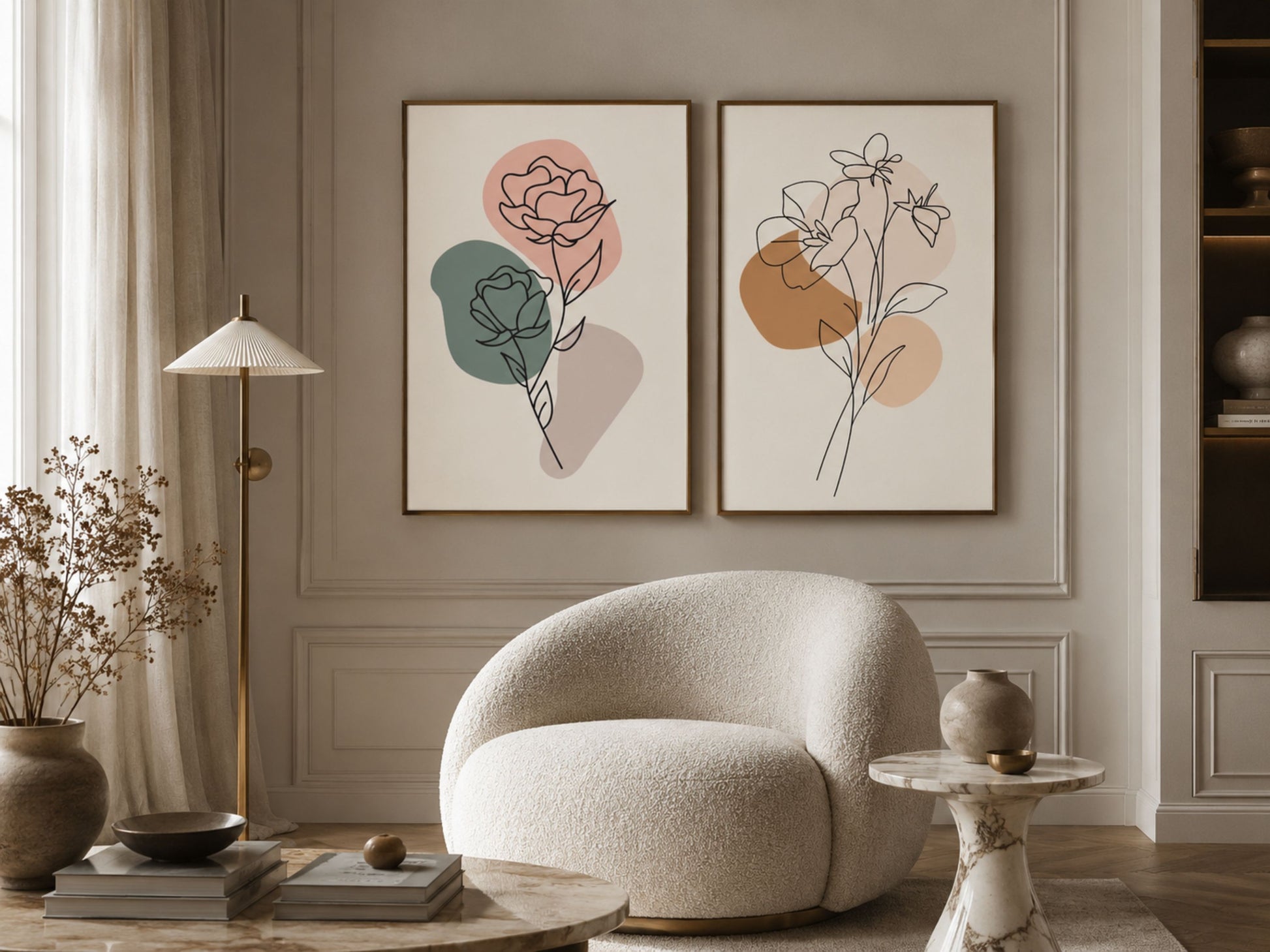Luxury botanical line-art wall art set of 2 in terracotta, sage and blush, oak frames, in a classic Parisian living room by VYLOIRE