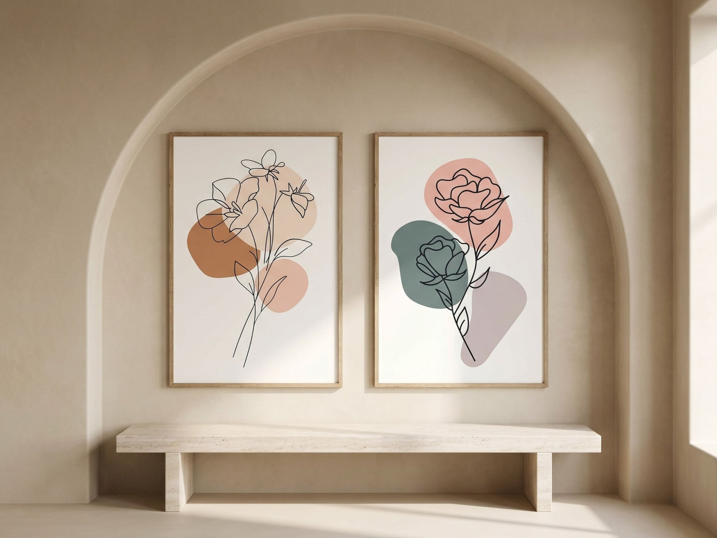 Luxury botanical line-art wall art set of 2 in terracotta and sage, oak frames, in a minimalist arched plaster alcove by VYLOIRE